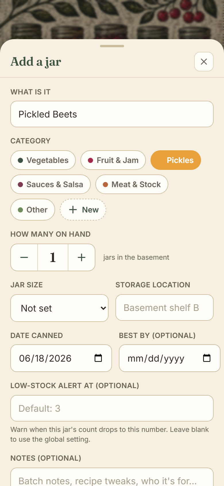 Shelved add-a-jar form with category picker and quantity stepper