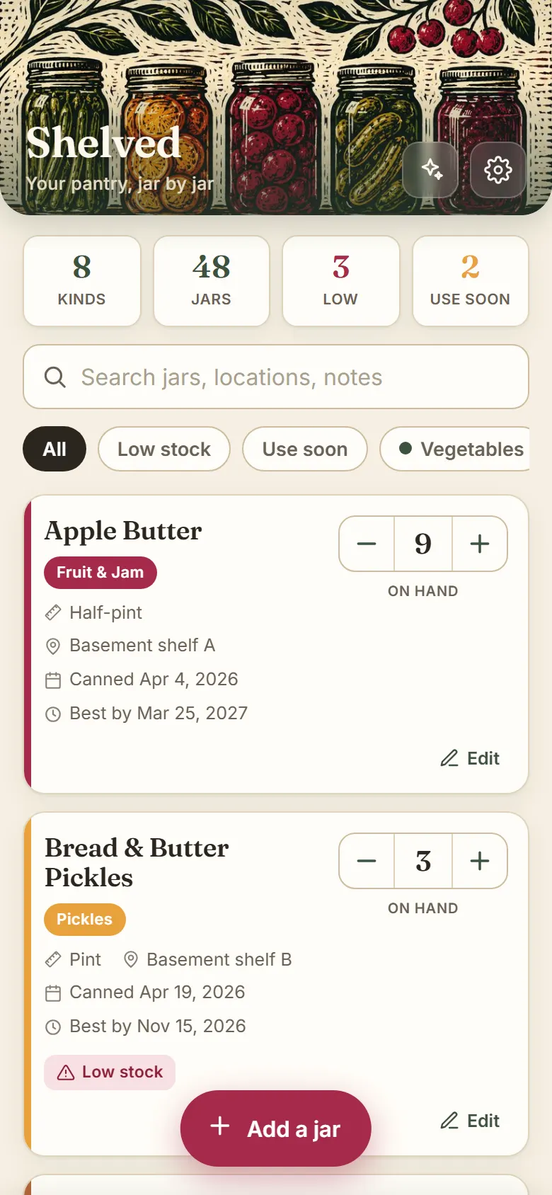 Shelved home screen showing pantry stats and a list of canned jars with counts
