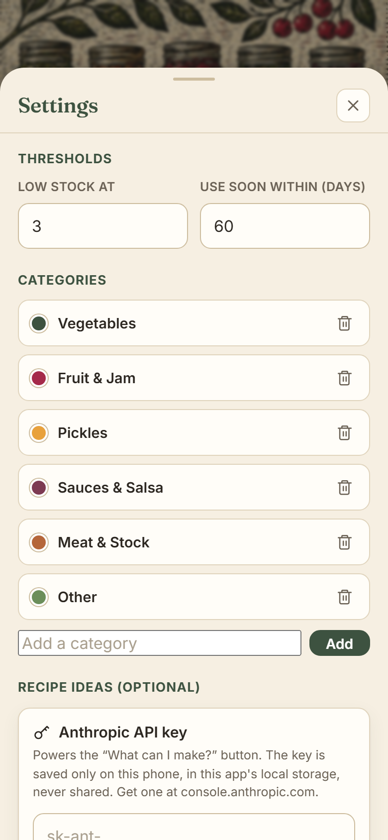 Shelved settings showing thresholds, editable categories, and the API key panel