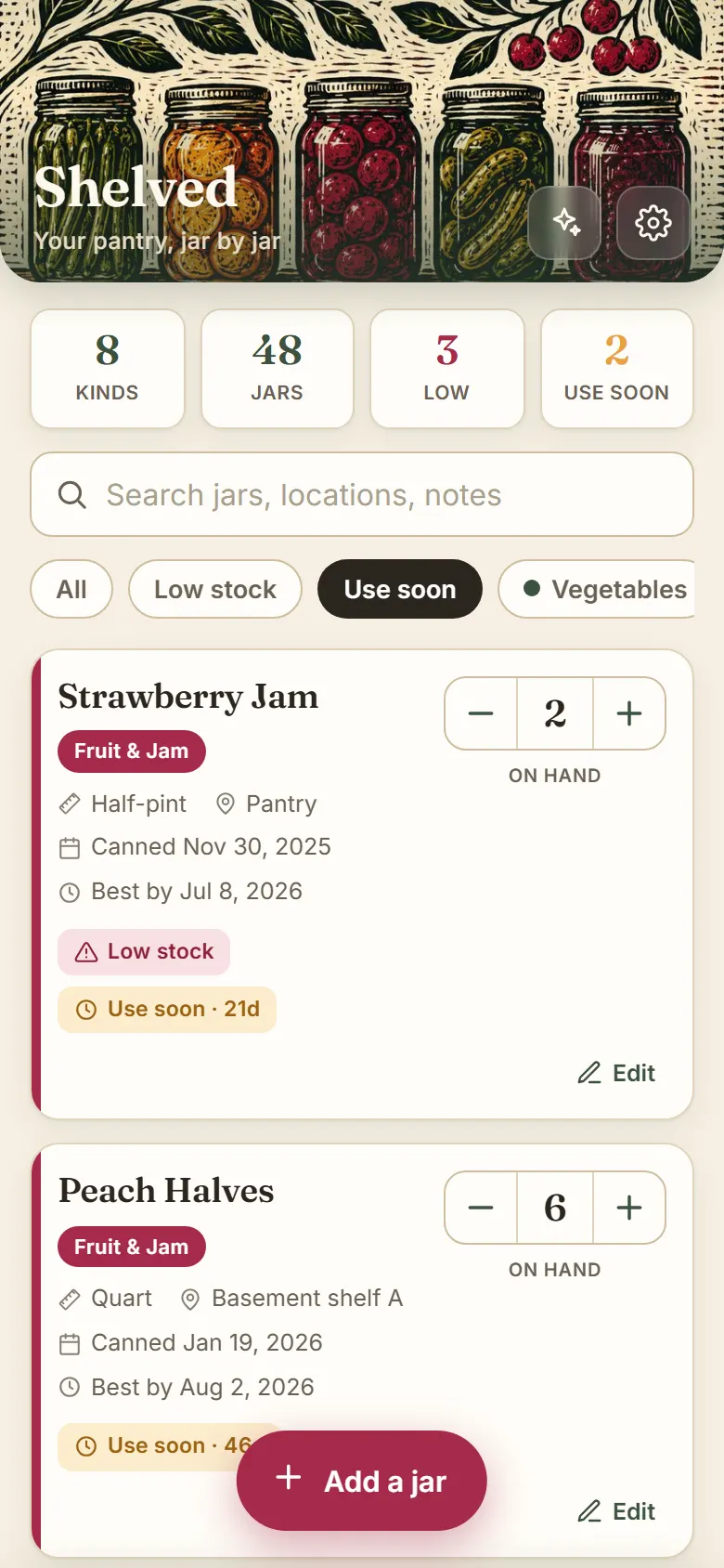 Shelved use-soon view showing low-stock and use-soon badges on jars