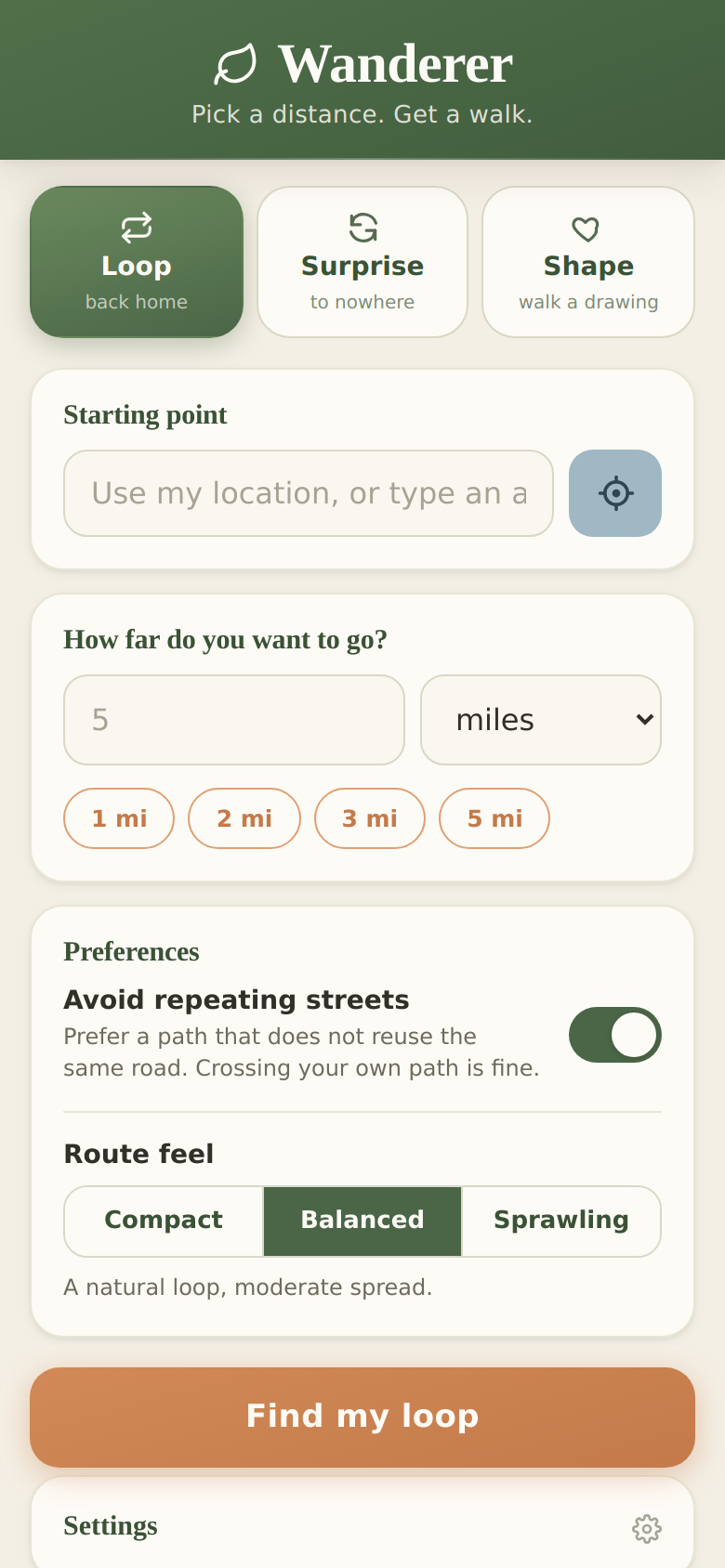 Wanderer app home screen showing mode toggle, starting point, and distance input