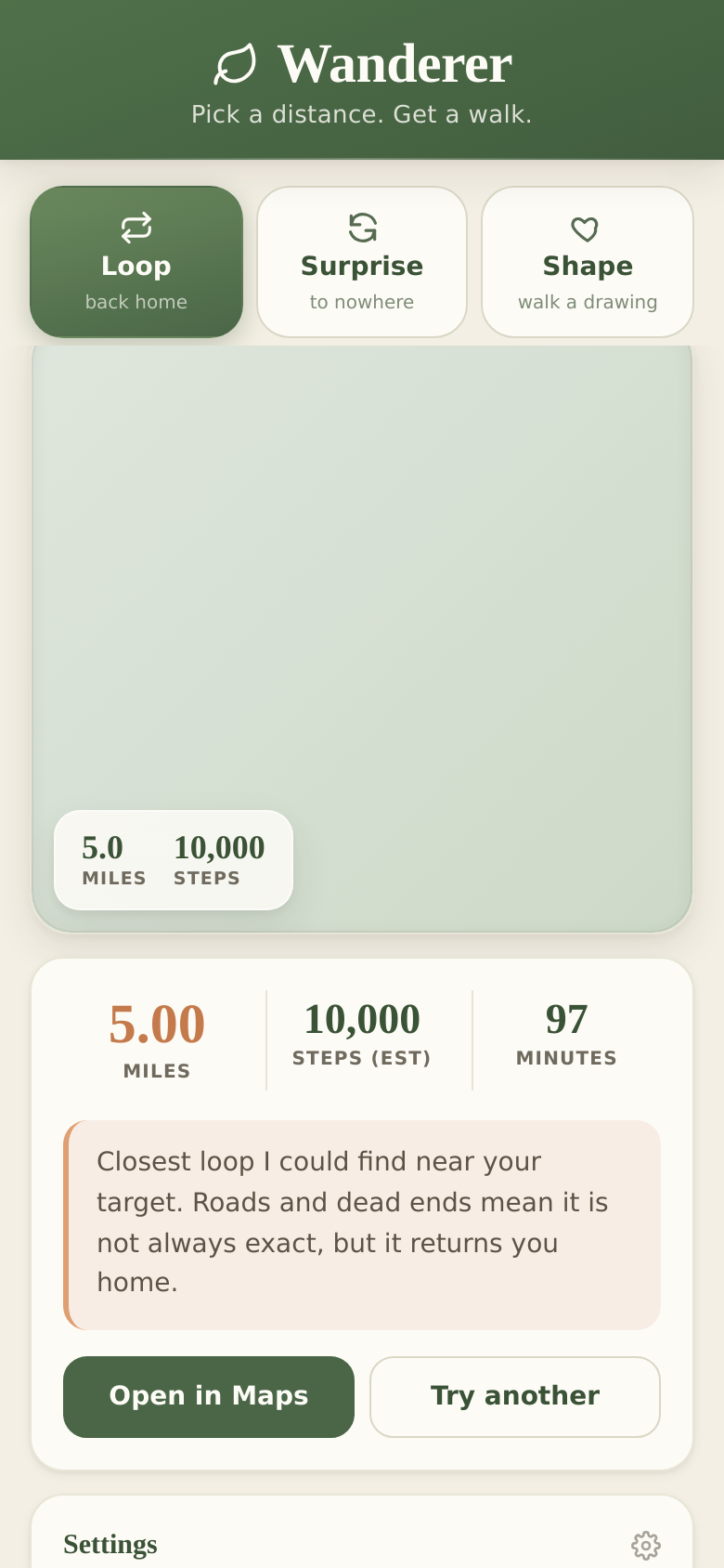 Wanderer showing a generated loop on the map with distance and step count