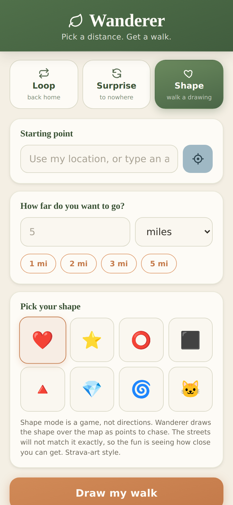 Wanderer shape mode with a grid of shapes to walk including a heart, star, and cat