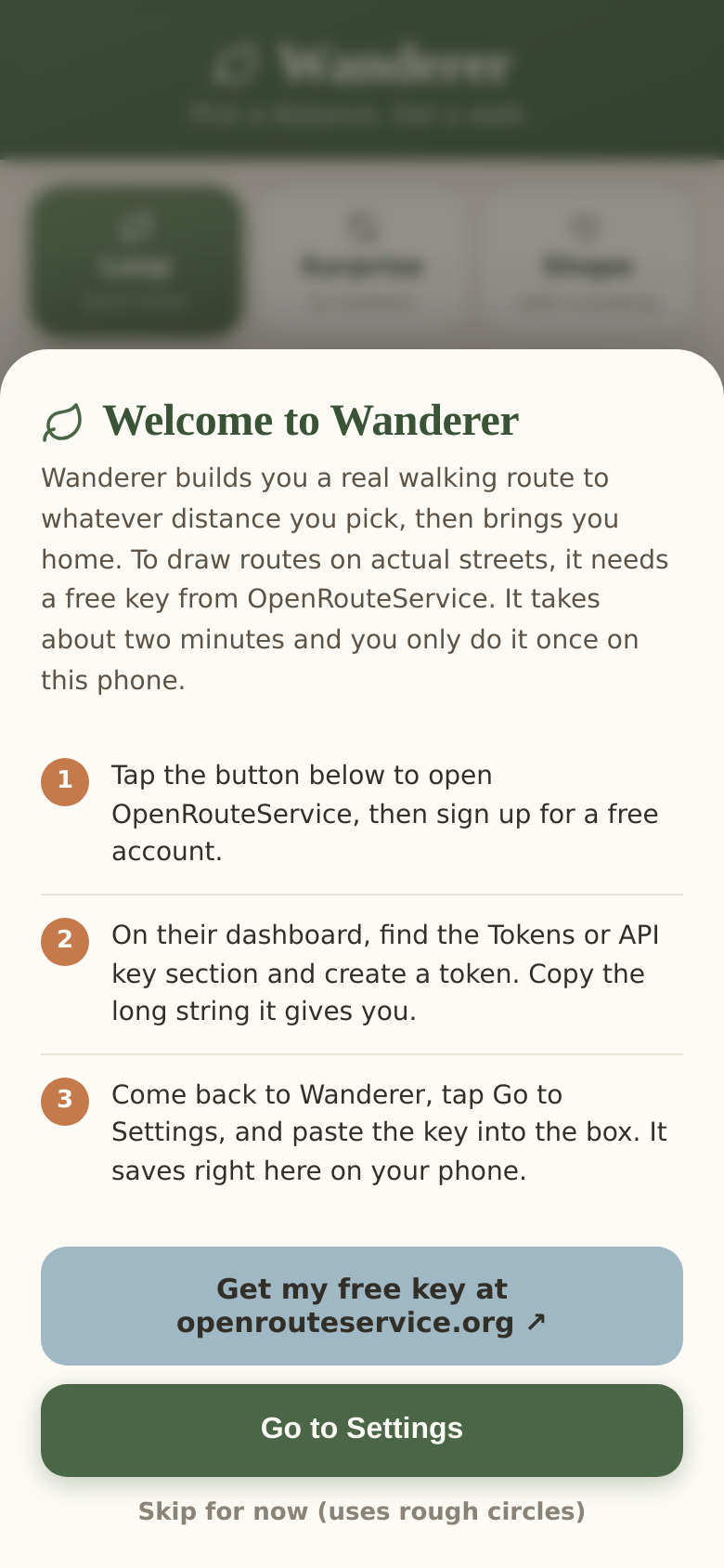 Wanderer welcome screen explaining the free setup step